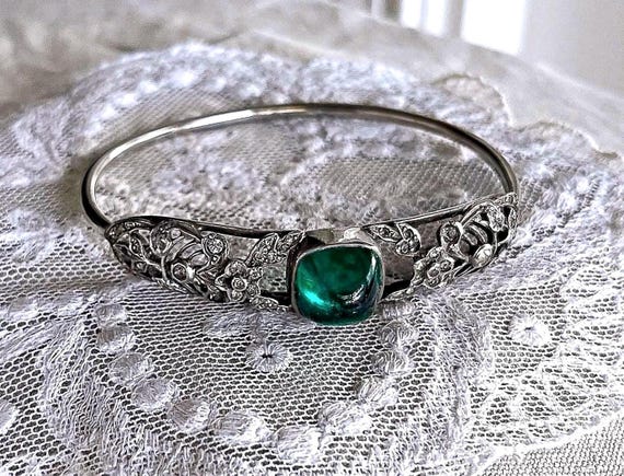 Rare antique 1908 Art Nouveau Sterling Silver Green Sugar Loaf and White Paste stone hallmarked Bangle Bracelet