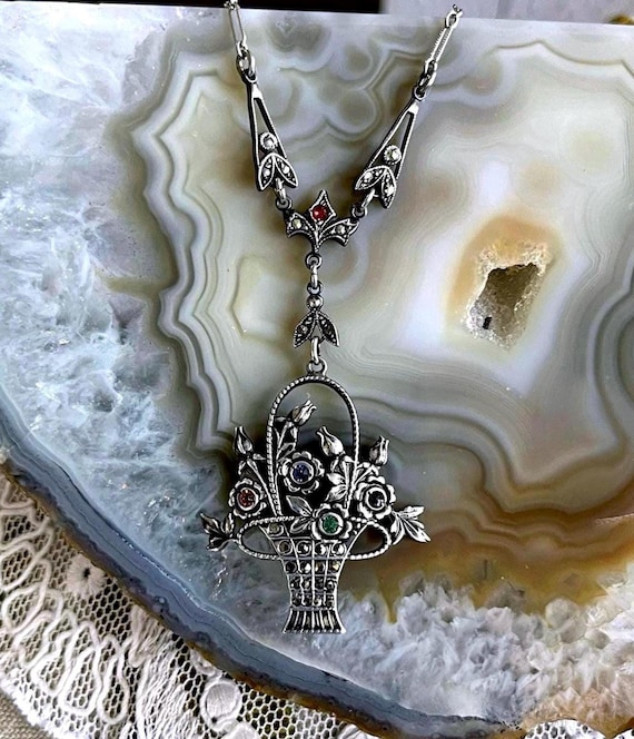 Rare antique Edwardian Giardinetti Sterling Silver brilliant faceted Paste Stone accented exquisite stamped Lavaliere Necklace