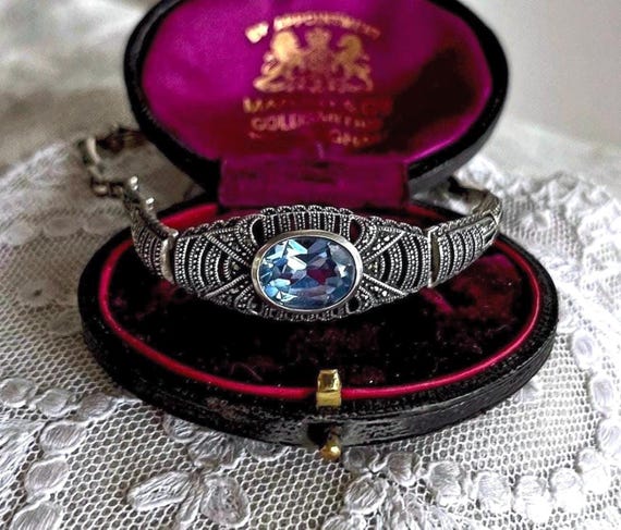 Vintage Art Deco Sterling Silver 925 brilliant genuine Blue Topaz faceted Marcasite accented beautiful hallmarked Link Bracelet