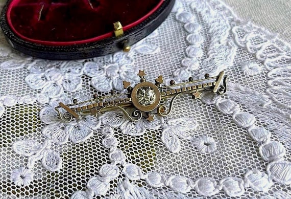Fine antique Victorian Aesthetic 800 Silver Gold Pinchbeck faceted Rose Cut Diamond Paste stone accented beautiful hallmarked Bar Brooch