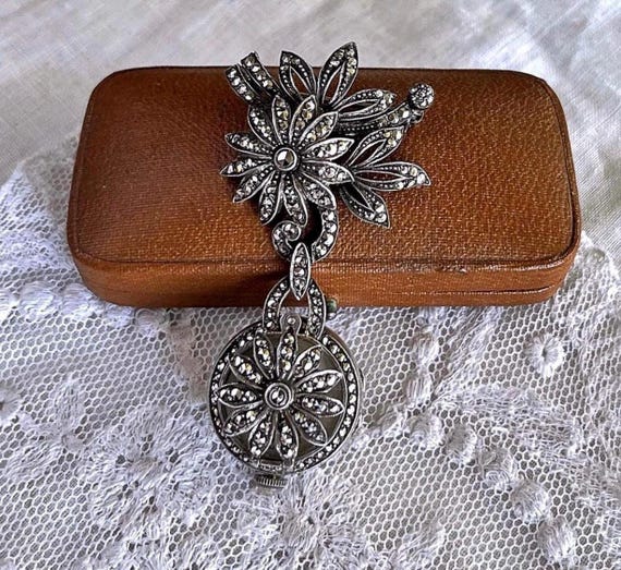 Vintage Carl Bucherer Marcasite Sterling Silver Lapel Watch Brooch