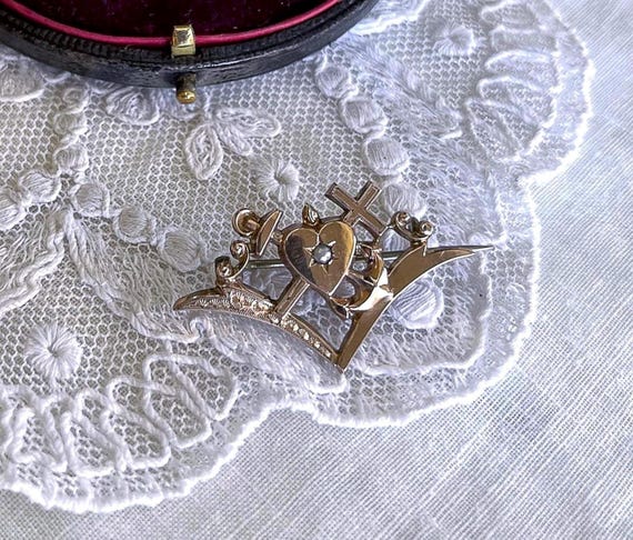 Victorian Seed Pearl Brooch: Antique Gold Filled Faith, Love, Hope Lapel Pin