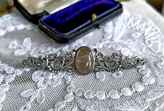 Vintage 1940s Art Nouveau Revival Sterling Silver genuine Quartz gemstone  faceted Marcasite accented lovely decorative stamped Brooch