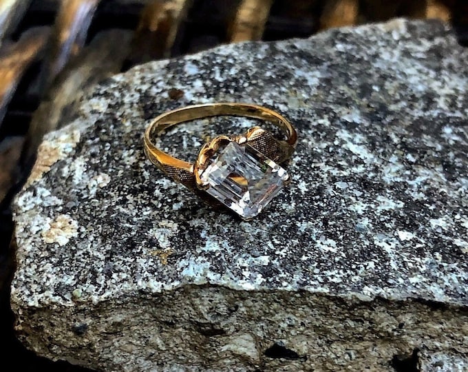 RESERVED vintage solid 10K Gold Brilliant faceted emerald cut White Spinel stamped size 5 sparkling Statement Ring