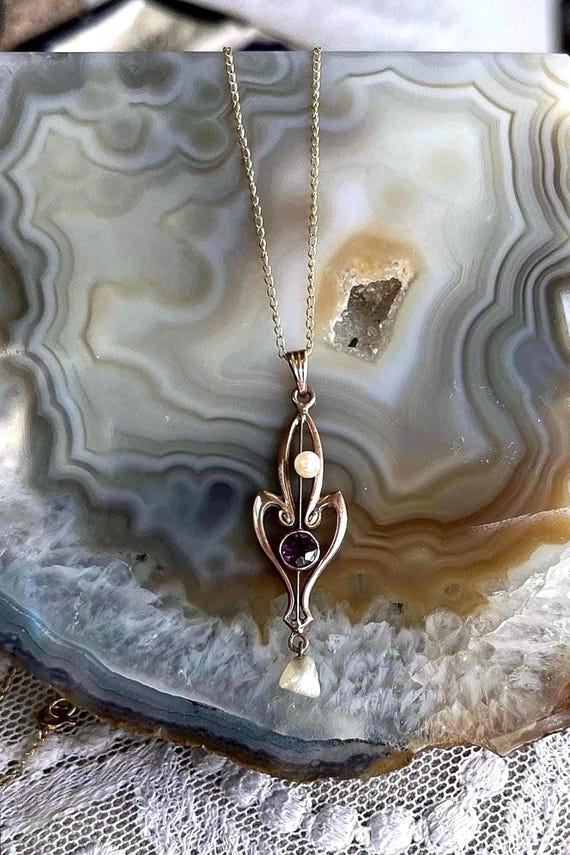 Antique Victorian Aesthetic 10K Gold genuine faceted Amethyst Freshwater Pearl accented hallmarked Pendant Necklace