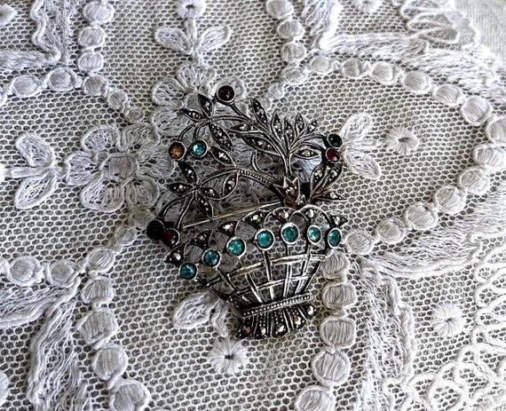Wonderful Edwardian Revival Giardinetti 800 Silver brilliant faceted Paste Stone accented exquisite stamped Garden Brooch