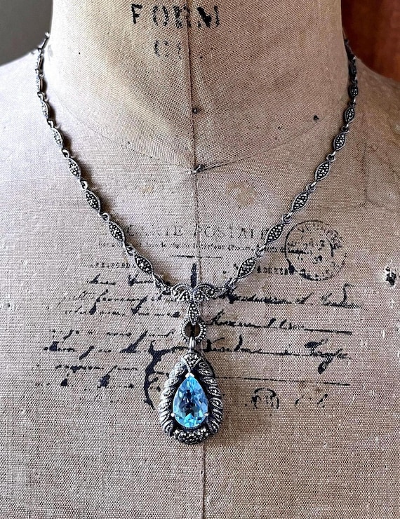 Art Deco Revival genuine Topaz Lavaliere Necklace: Sterling Silver Marcasite