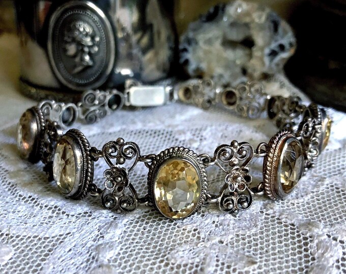 Antique Italy Bohemian Revival Arts and Crafts Sterling Silver ornate filigree genuine faceted Citrine Quartz crystal gorgeous Link Bracelet