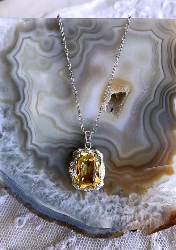 Edwardian Filigree 14k White Gold Lemon Citrine Pendant Necklace – Estate Jewelry