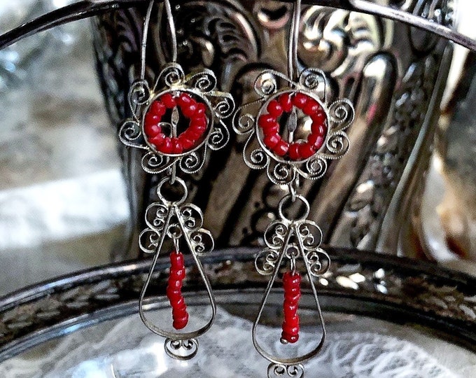 Unique antique Bohemian Arts and Crafts silver tone genuine Carnelian Seed Bead handcrafted Drop Earrings