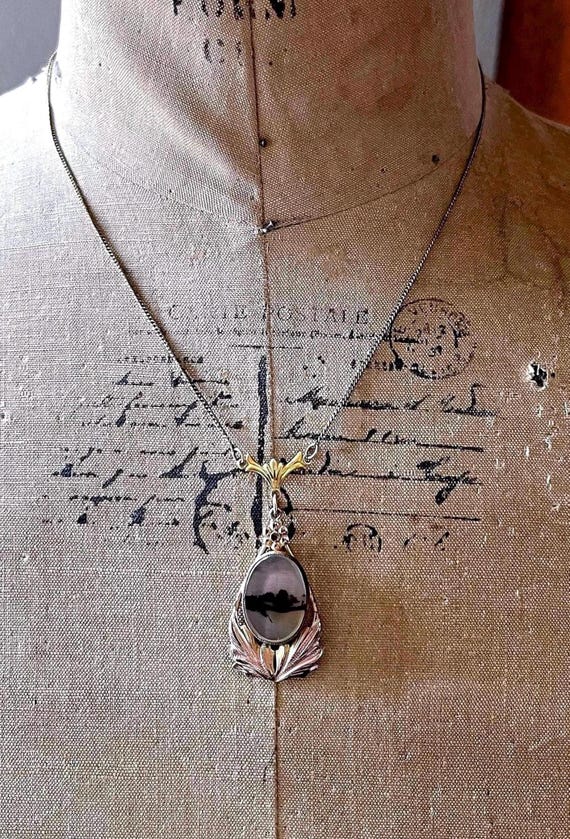 Rare antique Edwardian 1910s Dendritic Agate Gold Filled delicate hallmarked Pendant Necklace