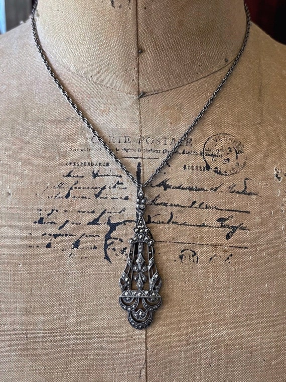 Sublime antique Edwardian Belle Époque Sterling Silver faceted sparkling Marcasite Crystal accented stamped Heirloom Pendant Necklace