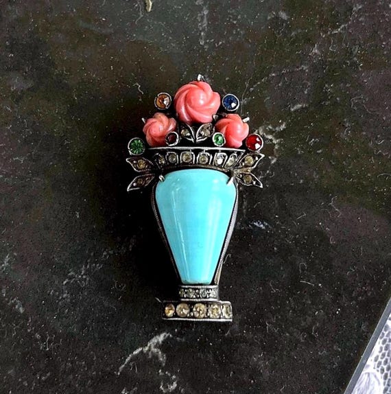 Unique antique Victorian Aesthetic Sterling Silver Robins Egg Blue and Coral Czech Glass Paste Stone accented Floral Bouquet Fur Clip