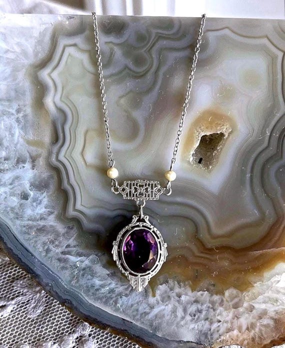 Edwardian 10K White Gold Amethyst Lavaliere Necklace: Antique Filigree Pendant