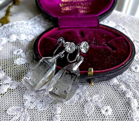 Regal vintage Art Deco Japanese Sterling Silver brilliant faceted Quartz Rock Crystal accented stamped Warrior Motif screw back Drop Earring