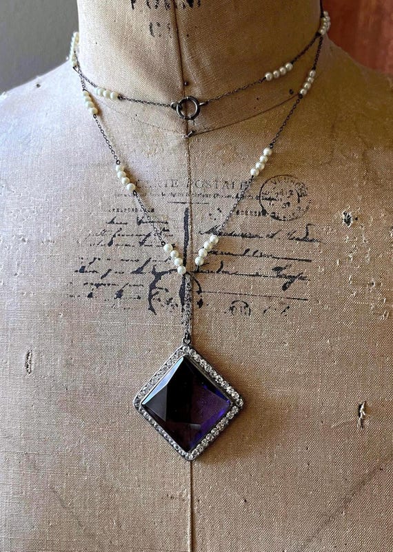 Glamorous 1930s Art Deco Sterling Silver brilliant faceted Emerald Purple and White Paste stone Seed Pearl stamped station Matinee Necklace