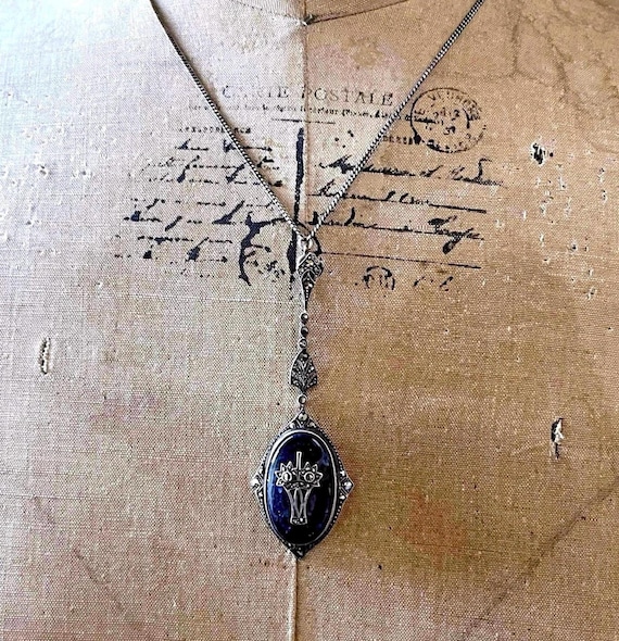 Gorgeous antique Edwardian Sterling Silver genuine Lapis Lazuli Cabochon faceted Marcasite accented sublime hallmarked Pendant Necklace