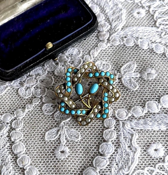 Antique Victorian Aesthetic Sterling Gold Pinchbeck genuine Seed Pearl and Turquoise accented hallmarked C Clasp Heirloom Brooch