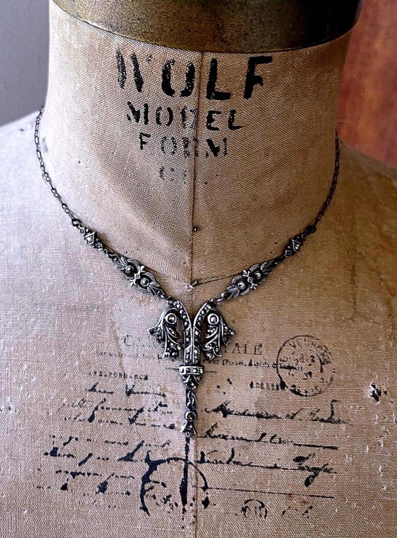 Vintage Art Deco Marcasite Sterling Silver Lavaliere Necklace: Antique Choker