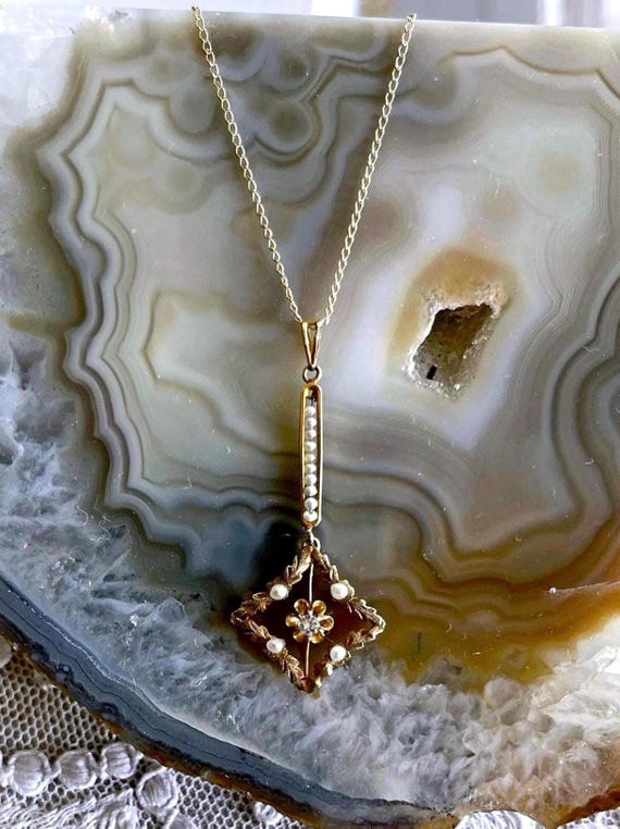 Dainty antique Victorian Aesthetic 10K Gold Filigree genuine Seed Pearl faceted Paste Stone accented Romantic stamped Lavaliere Necklace