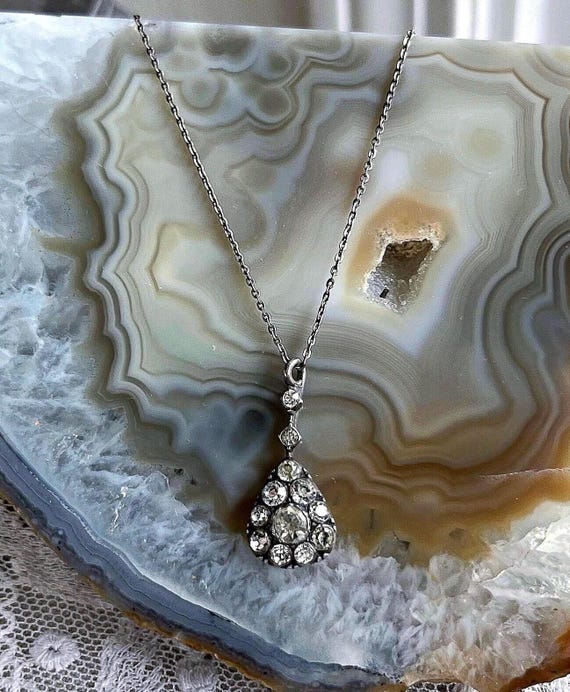 Brilliant antique German Knoll & Pregizer 830 Silver pristine faceted Foil back Paste Stone accented exquisite stamped Pendant Necklace