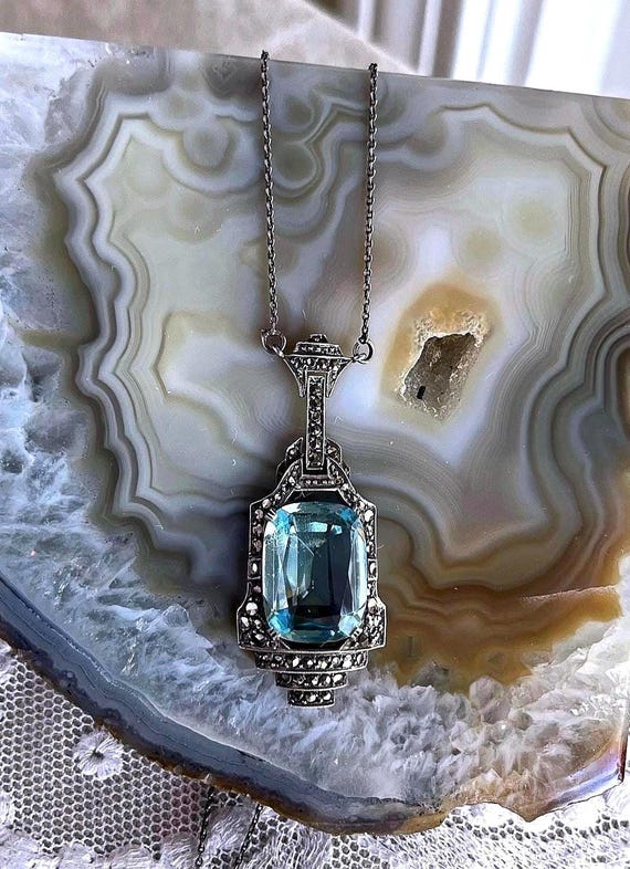 Antique Edwardian Sterling Silver faceted Topaz Blue Paste Stone Marcasite accented hallmarked Lavaliere Necklace