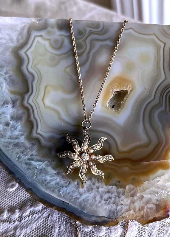 Victorian 9k Gold Starburst Brooch Pendant Necklace: Diamond & Seed Pearl