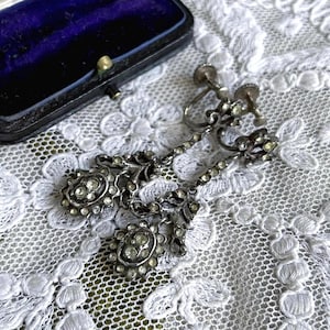Antique German Edwardian Belle Epoque 935 Silver faceted Paste Stone accented exquisite Screw Back hallmarked Drop Earrings