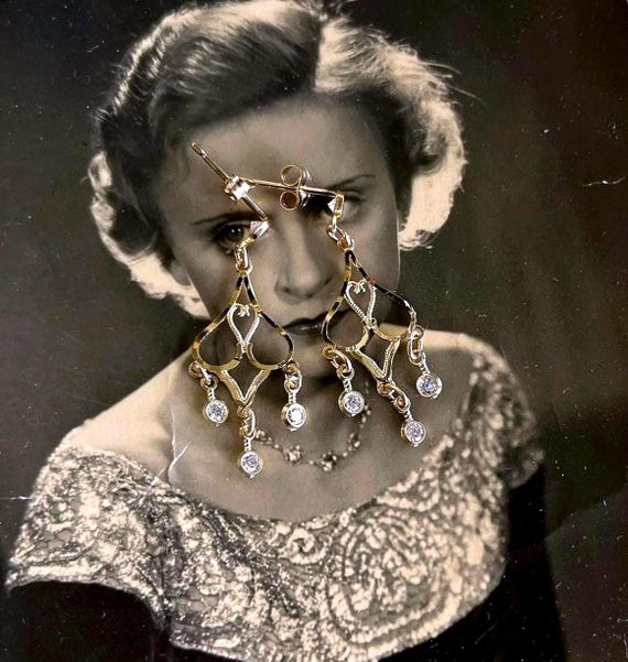 Vintage 10K Gold CZ Chandelier Dangle Earrings