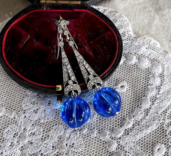 Vintage Art Deco Sterling Silver Cobalt Blue Glass faceted Paste Stone accented hallmarked Drop Earrings