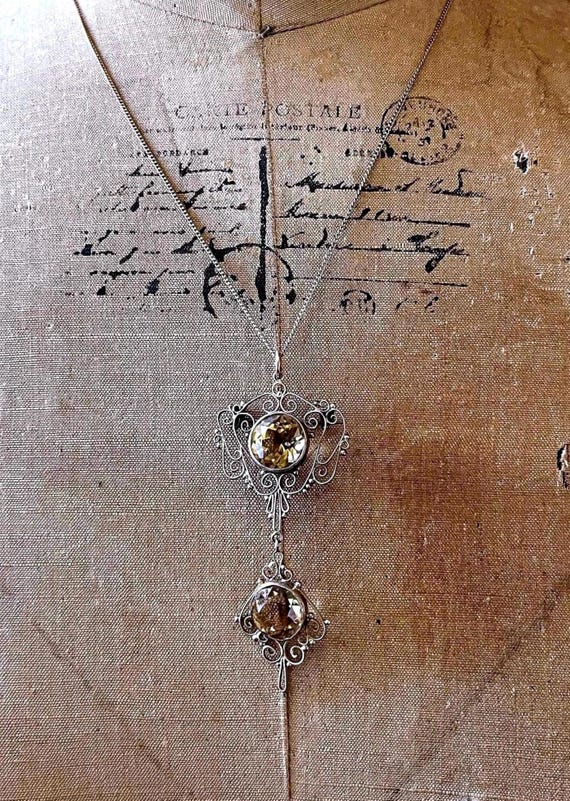 Antique Bohemian Revival Arts and Crafts Gold rolled 800 Silver Cannetille filigree genuine faceted Citrine gemstone Pendant Necklace