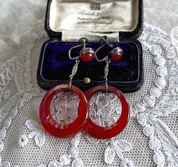 Fabulous antique Art Deco 1920s Sterling Silver luminous Red Czech Glass ring faceted Marcasite accented hallmarked Screw Back Drop Earrings