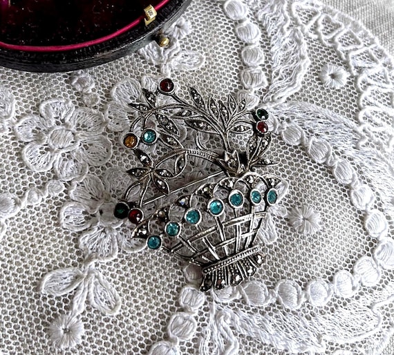 Edwardian Revival Giardinetti Brooch: 800 Silver Paste Stone Garden Design