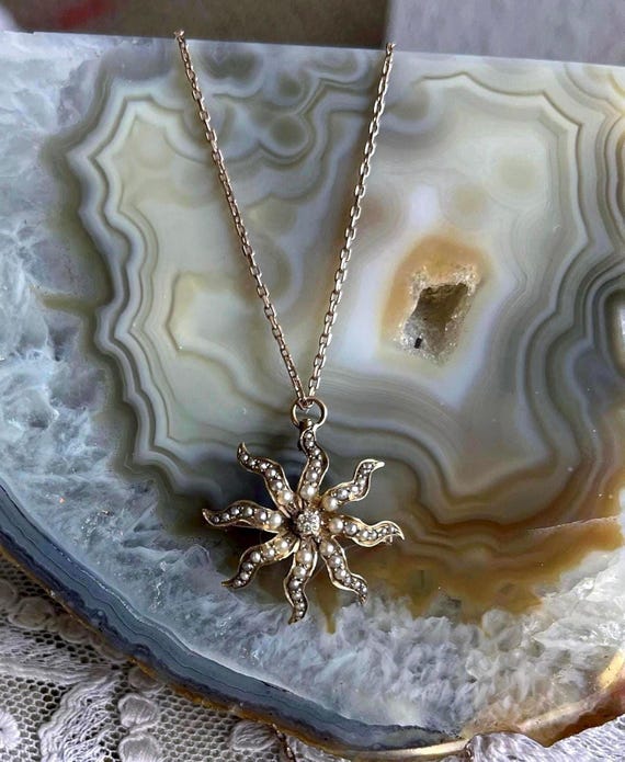 Gorgeous antique Victorian Aesthetic 9k Gold genuine faceted Diamond and Seed Pearl accented beautiful Starburst Brooch Pendant Necklace