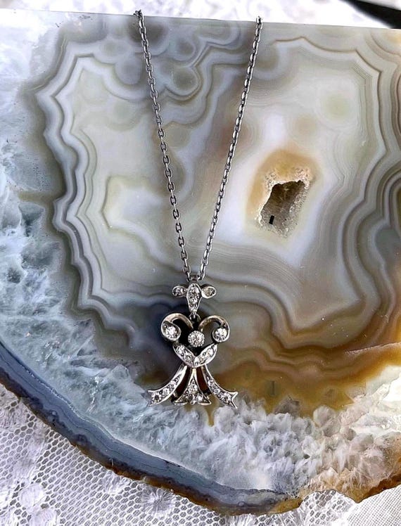 Delicate antique Edwardian Sterling Silver brilliant faceted Paste Stone accented hallmarked Pendant Necklace