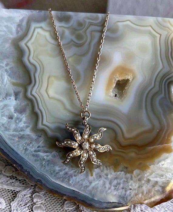 Gorgeous antique Victorian Aesthetic 9k Gold genuine faceted Diamond and Seed Pearl accented beautiful Starburst Brooch Pendant Necklace