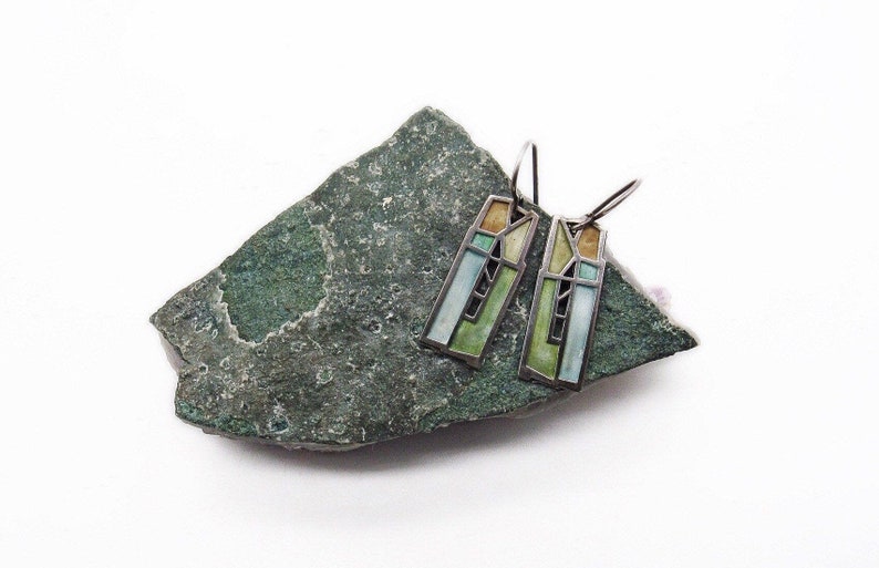 Artisan Carly Wright vintage Modernist Champleve Enamel Sterling Silver Church Window signed dangle earrings