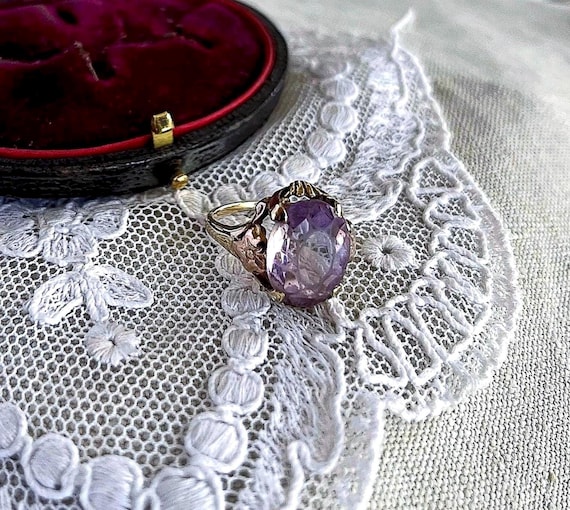 Vintage 10K Rose & Yellow Gold Amethyst Paste Cocktail Ring - Size 4.5