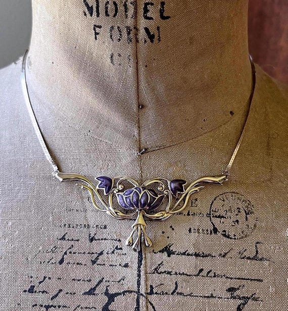 Romantic vintage Franklin Mint 1986 Art Nouveau Revival Sterling Silver Vermeil luminous purple Enamel hallmarked Lotus Collier Necklace