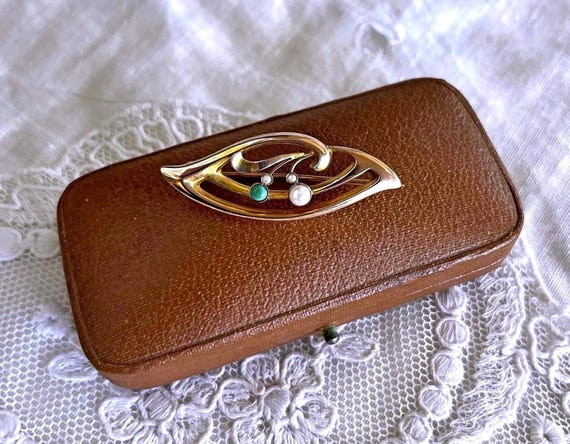 Art Nouveau Seed Pearl Brooch: 9K Gold & Peking Glass Lapel Pin