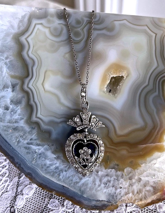 Antique “Pense A Moi” Victorian French Sterling Diamond Paste Stone Blue Enamel Heart Pendant Necklace