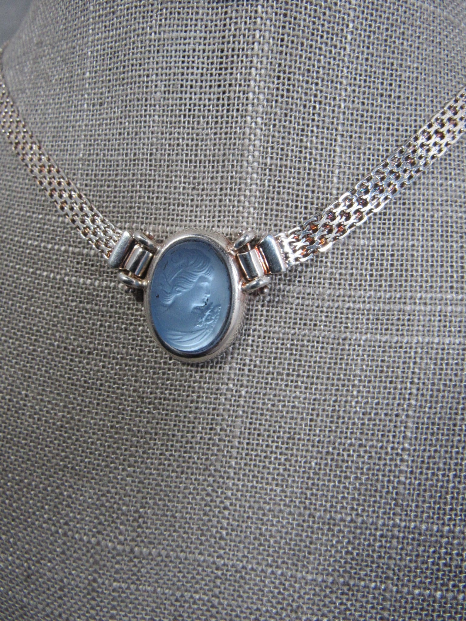 Victorian revival Milor sterling silver carved blue glass cameo mesh