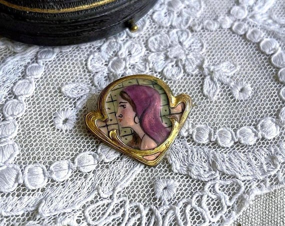 Rare antique Art Nouveau 1900s Pinchbeck hand painted porcelain Maiden Floral Motif portrait Scatter Pin