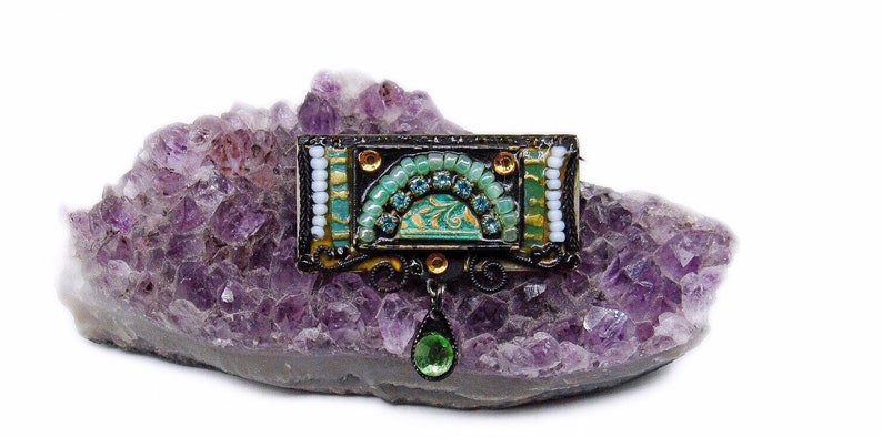 Amazing Adaya vintage Austrian Crystal Czech Glass Enamel handcrafted in Israel signed Artisan Brooch