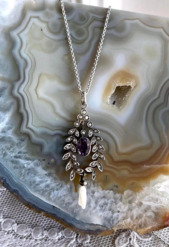 Antique Edwardian Belle Époque Sterling Silver genuine Seed Pearl brilliant faceted Amethyst gemstone exquisite hallmarked Pendant Necklace