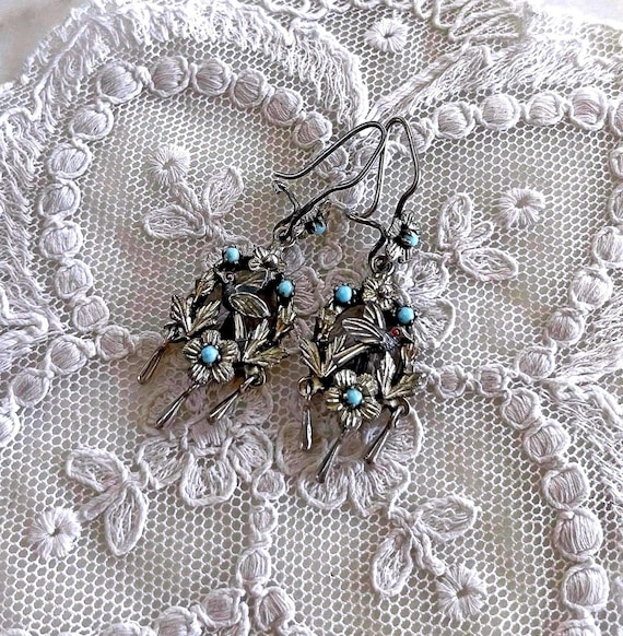 Frida Kahlo vintage Victorian Revival Sterling Turquoise Coral Seed Bead Bird Motif Drop Earrings