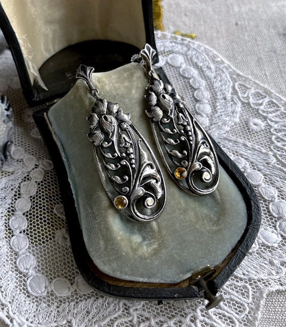 Splendid antique Art Nouveau Bohemian Revival Sterling Silver faceted Citrine accented decorative stamped ornate Screw Back Drop Earrings