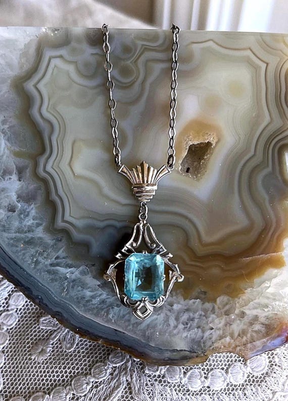 Vintage Art Deco Era Geometric Sterling Silver faceted Topaz Paste Stone accented hallmarked Lavaliere Necklace
