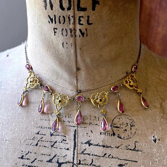 Stately antique Victorian Aesthetic late 1800s Gold Filled Pinchbeck brilliant faceted Amethyst purple Paste Stone accented Bib Necklace