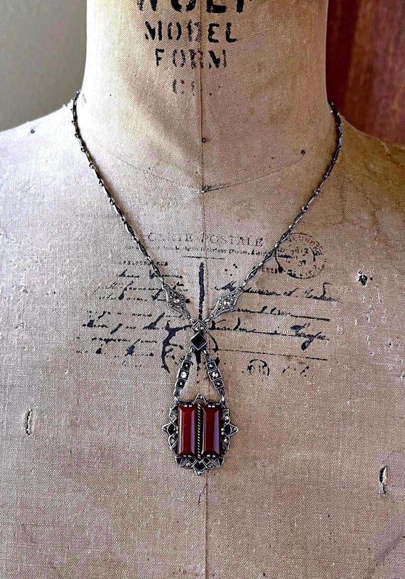 Antique Art Deco 935 Silver Carnelian Chalcedony faceted Marcasite Enamel accented hallmarked Lavaliere Necklace